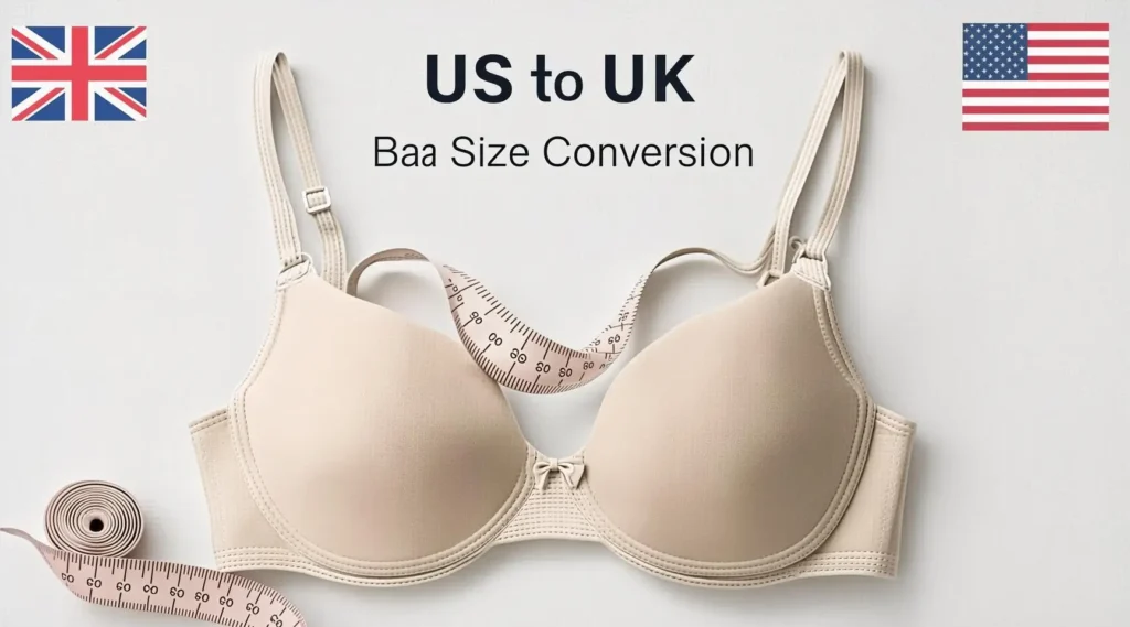American bra size to UK conversion guide image showing measuring tape and bra