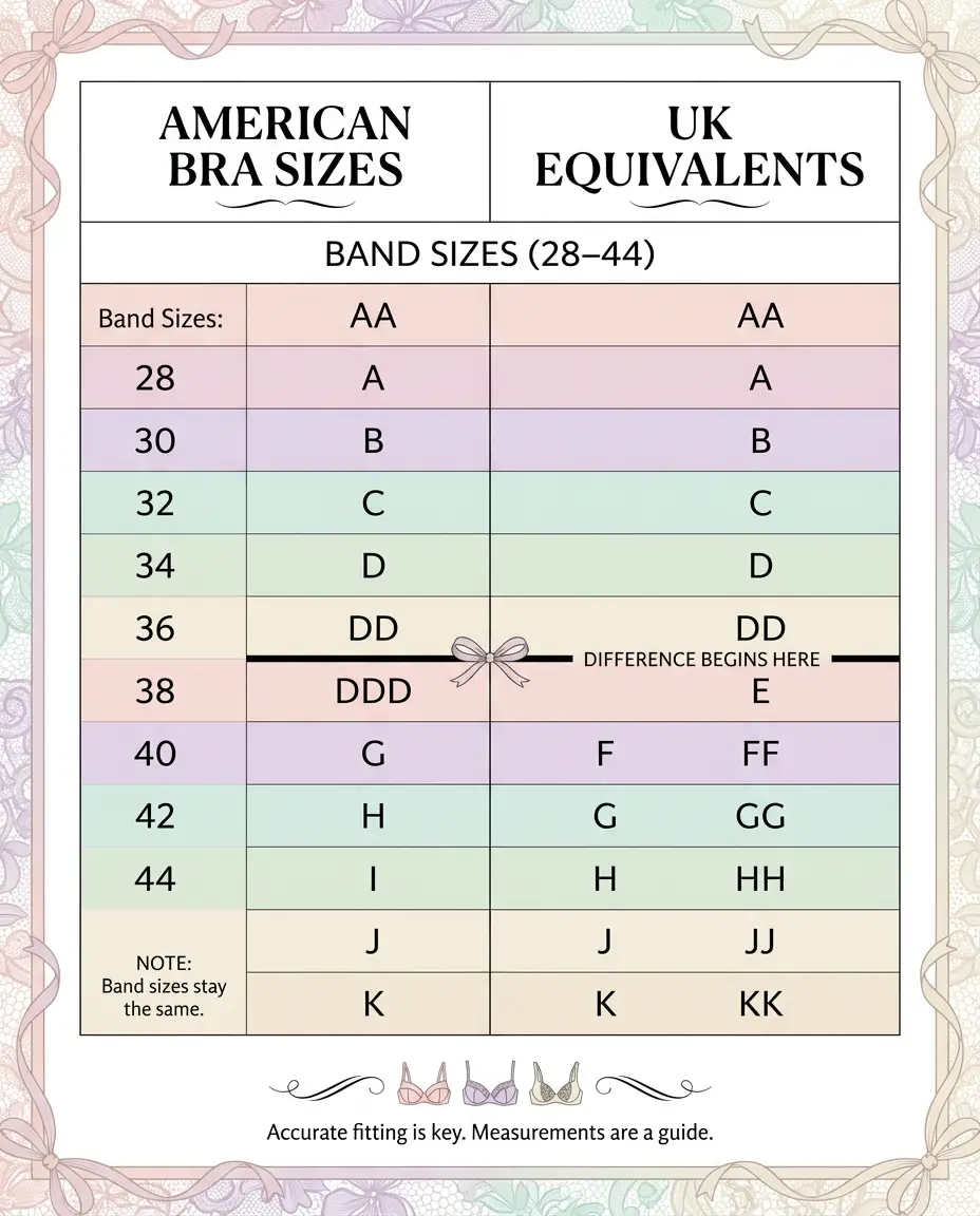 Complete American to UK bra size conversion chart for bands 28-44 and cups AA to K