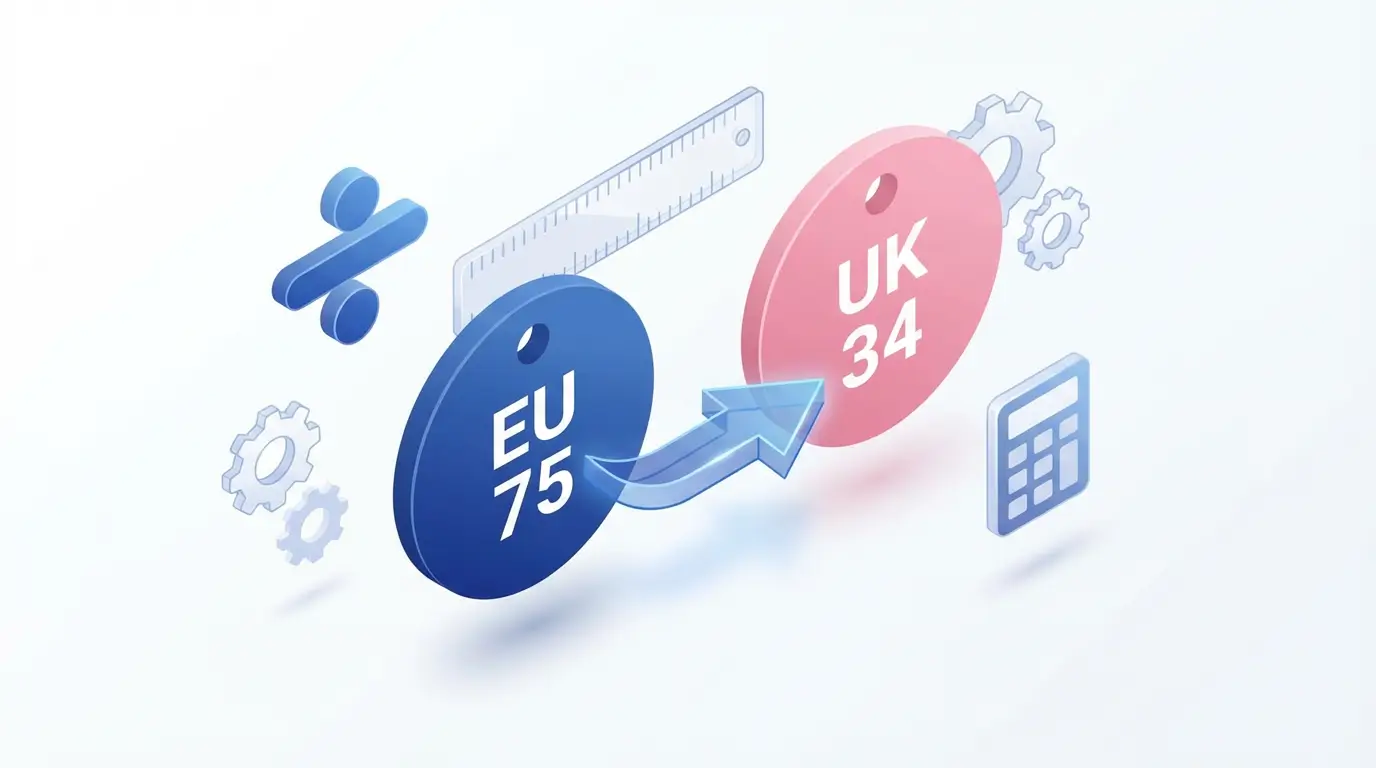 Infographic showing the conversion of European band size 75 to UK size 34.
