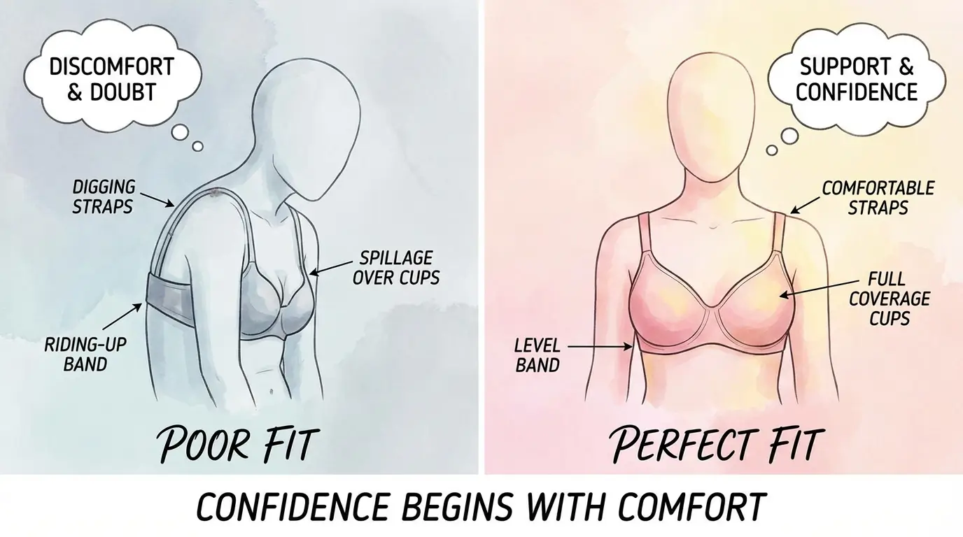 Before and after proper bra fit: improved comfort and support with correct US to UK sizing