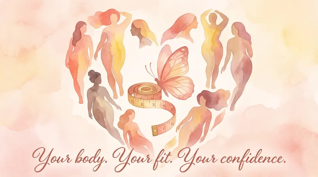 Abstract illustration of diverse women forming heart shape with measuring tape butterfly, symbolizing confidence through proper bra fit