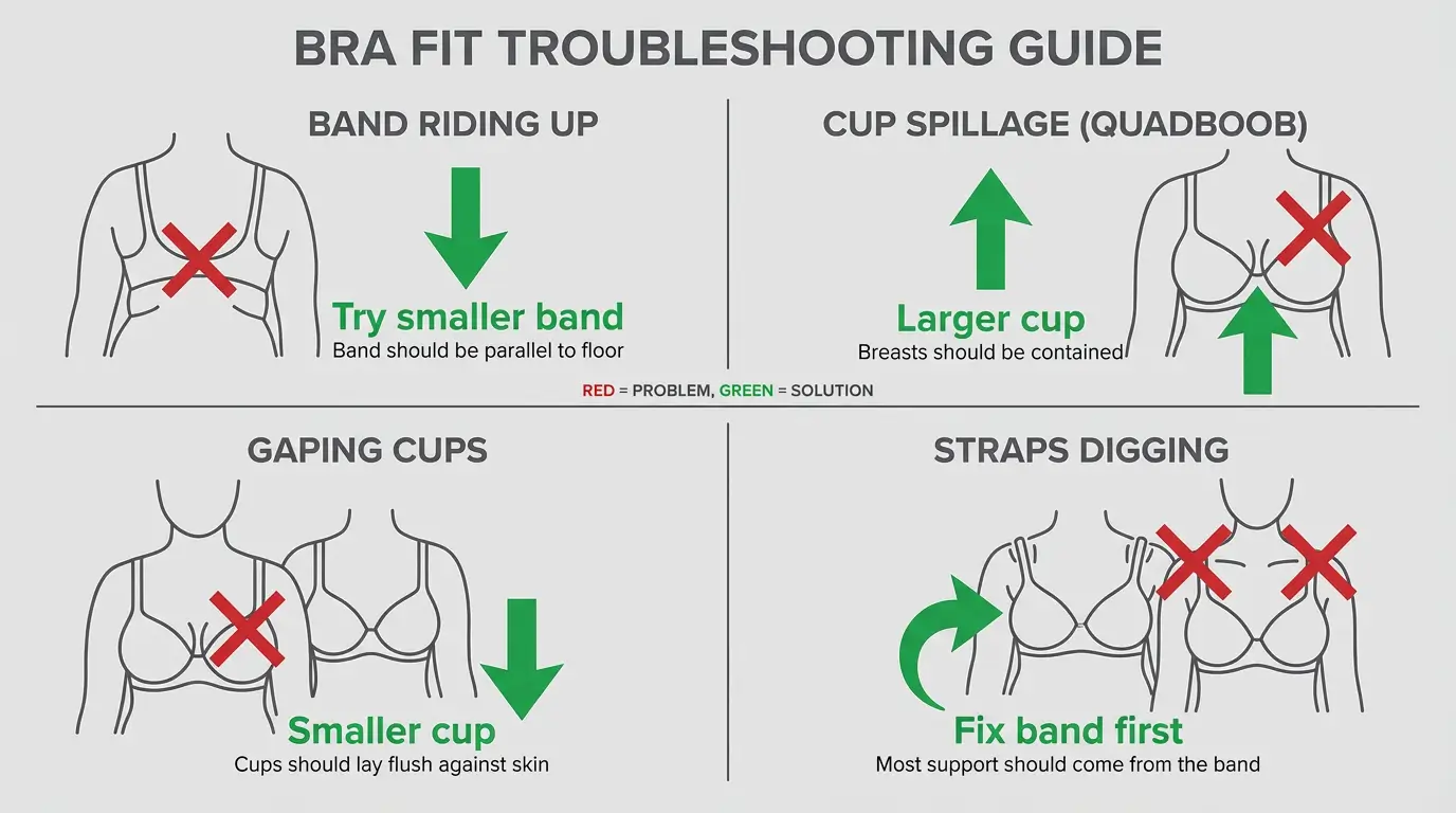 Infographic showing 4 common bra fit issues (band rides up, cup spillage, gaping cups, straps dig) with visual solutions