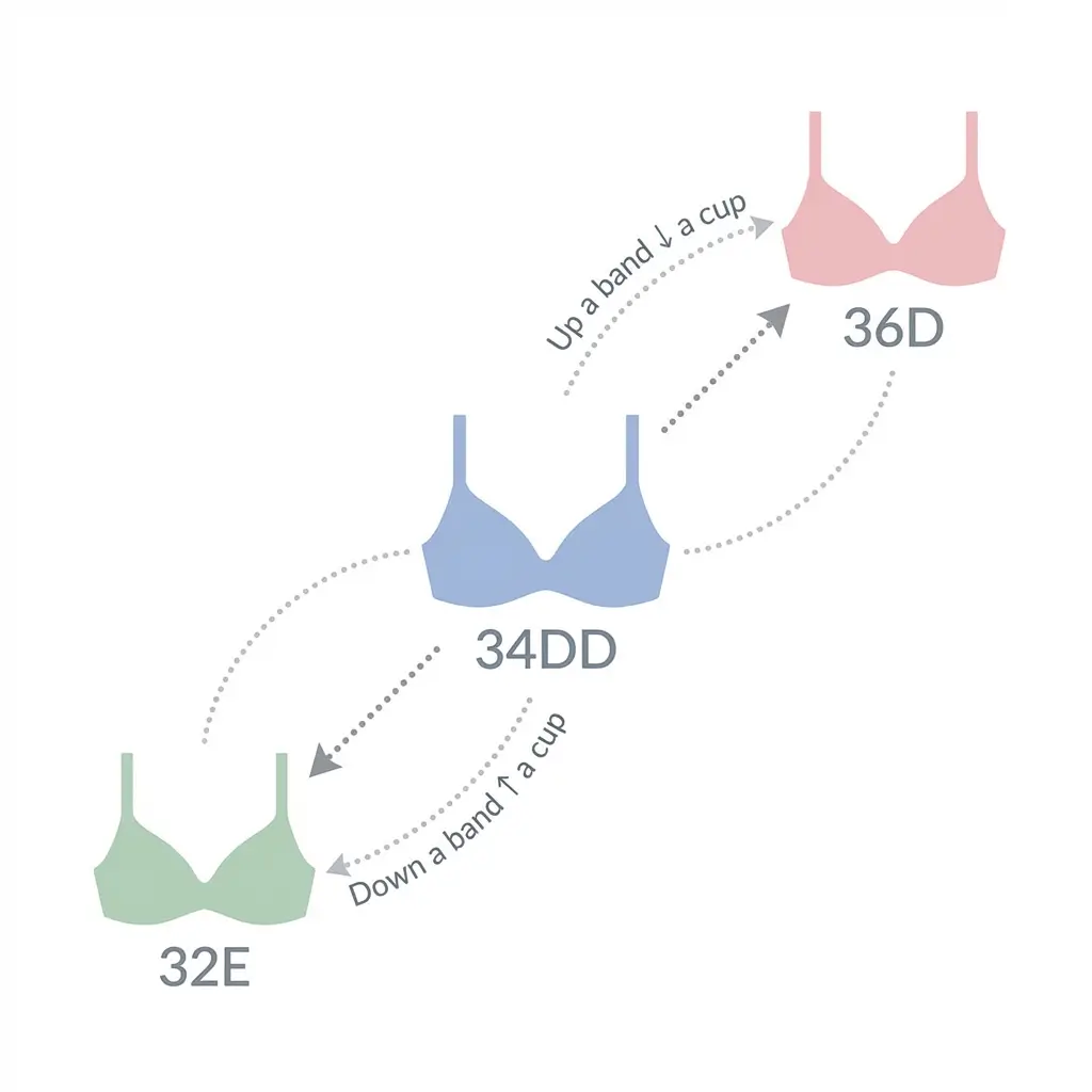 Bra sister sizing explained: same cup volume with different band sizes diagram