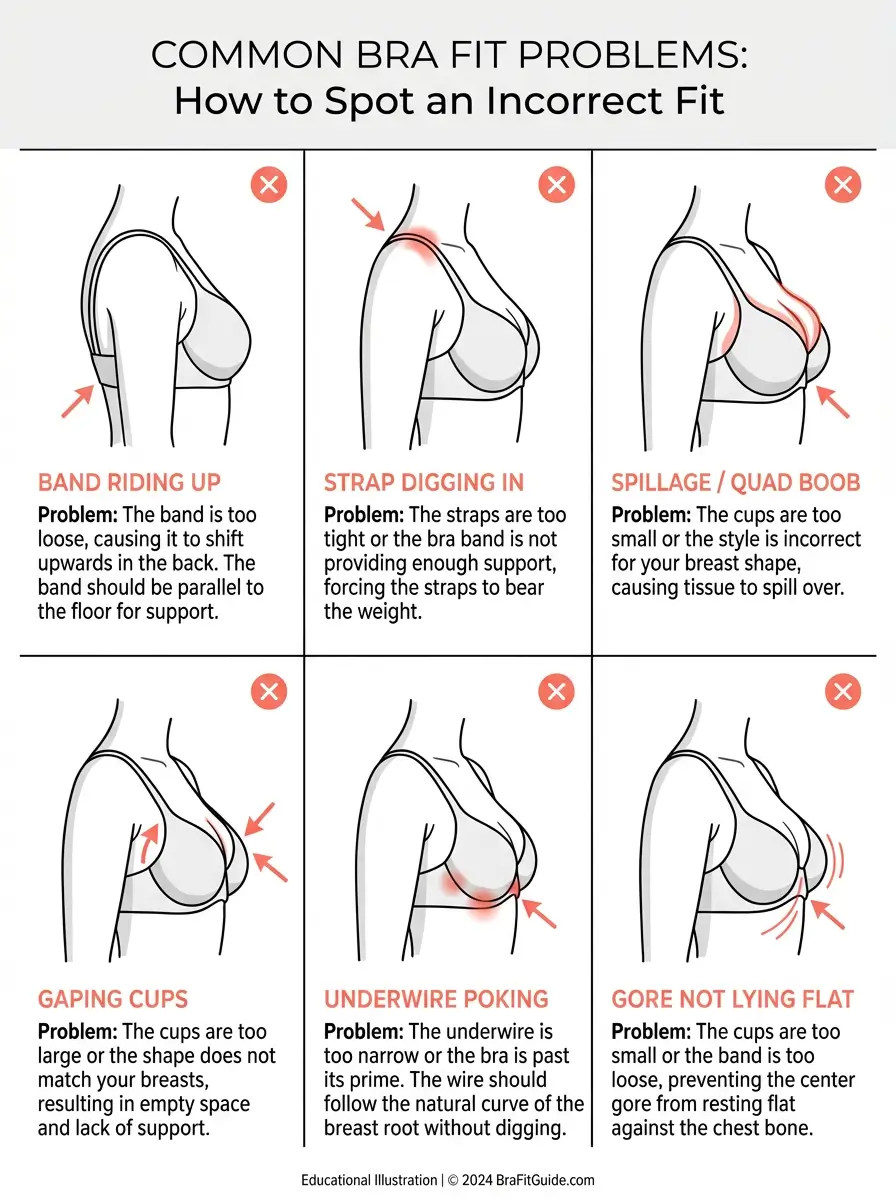 Illustrated guide showing six common bra fitting problems including band riding up and cup spillage