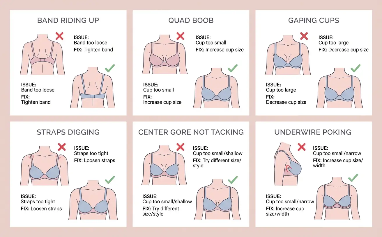 Common bra fitting problems and solutions: band riding up, quad boob, gaping cups, and more