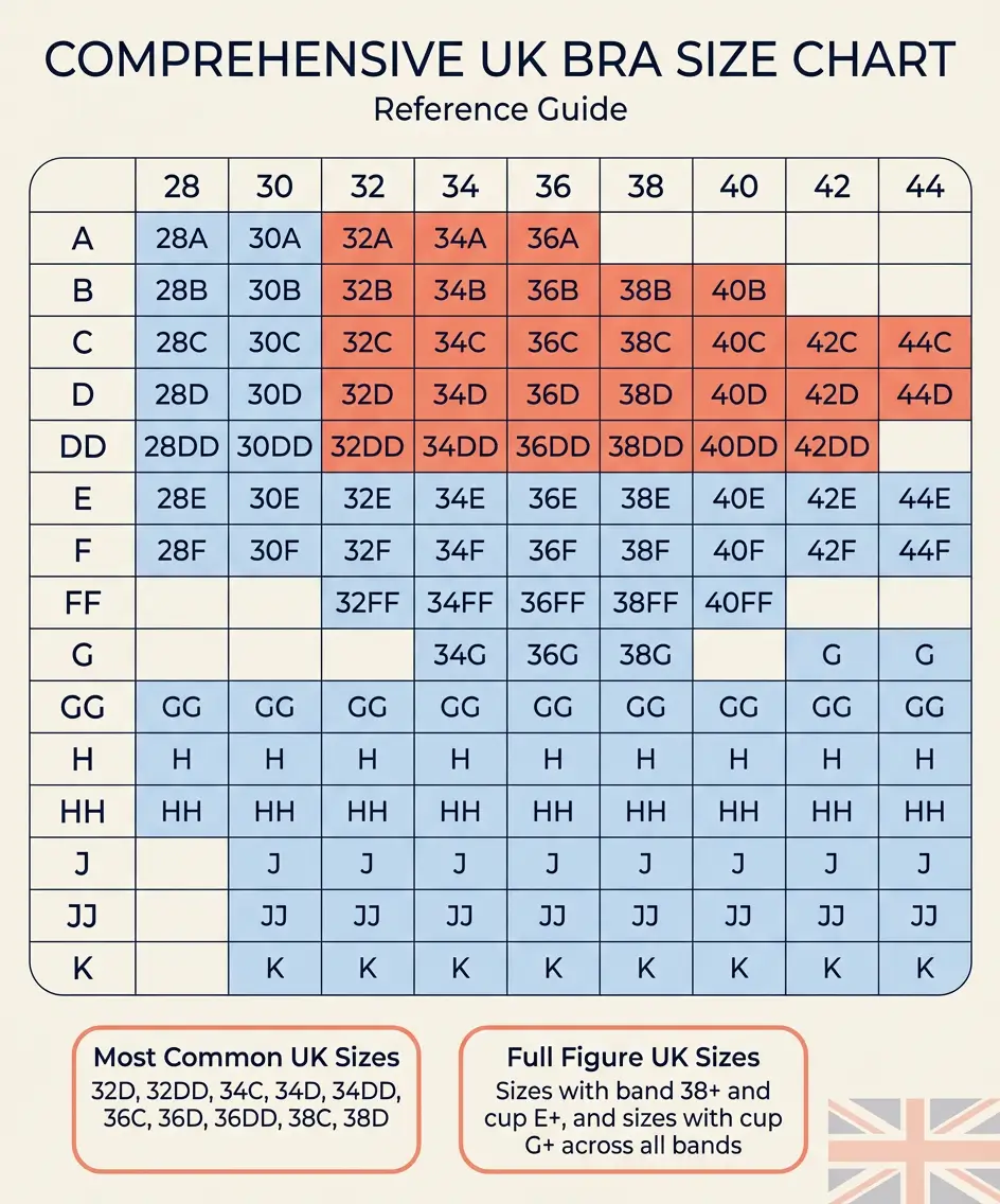 Complete UK bra size chart table showing band sizes 28-44 and cup sizes A-K with color coding