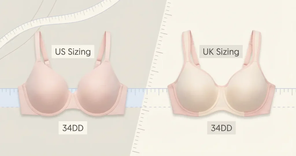 Comparison of US and UK bra sizing systems showing measurement differences