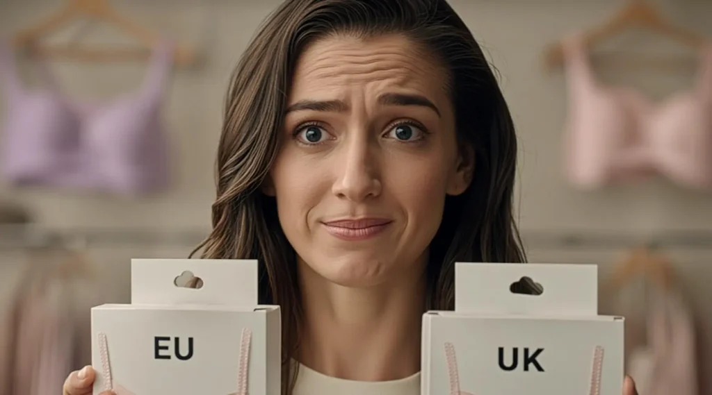 Woman looking at European and UK lingerie boxes comparing sizes.