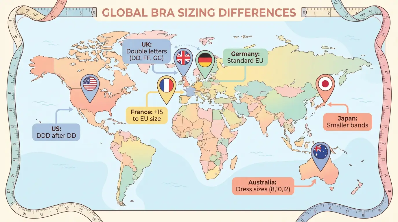 World map showing key differences in bra sizing systems across UK, US, France, Australia, Germany and Japan