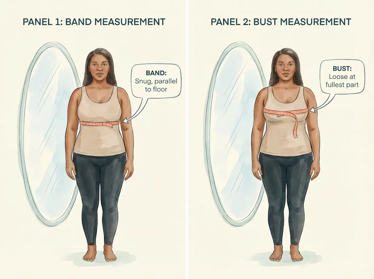 tep-by-step illustration showing correct underbust band measurement and overbust measurement technique for UK bra sizing