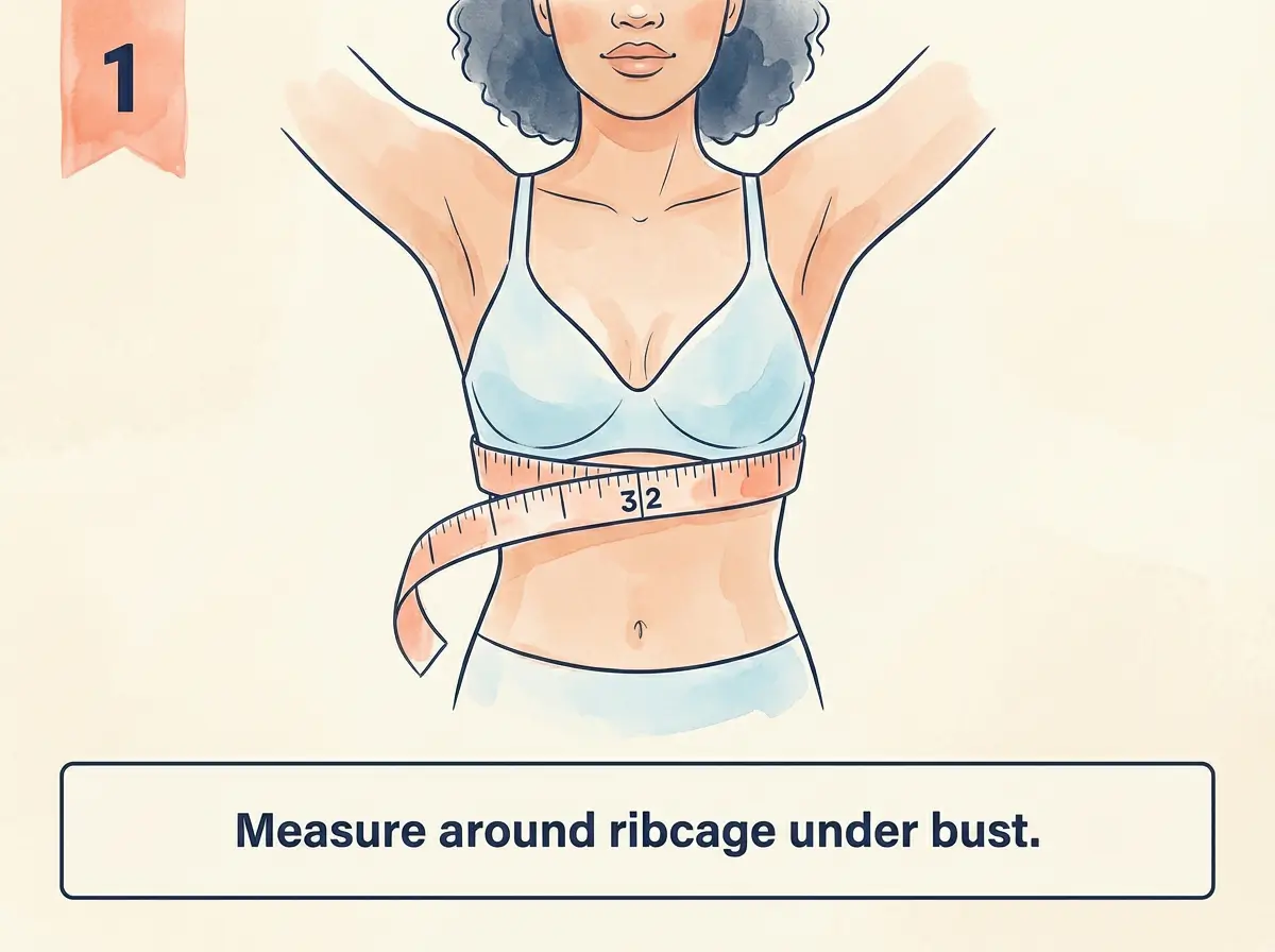 Step 1: Measuring band size under bust for UK bra sizing - tape measure showing 32 inches