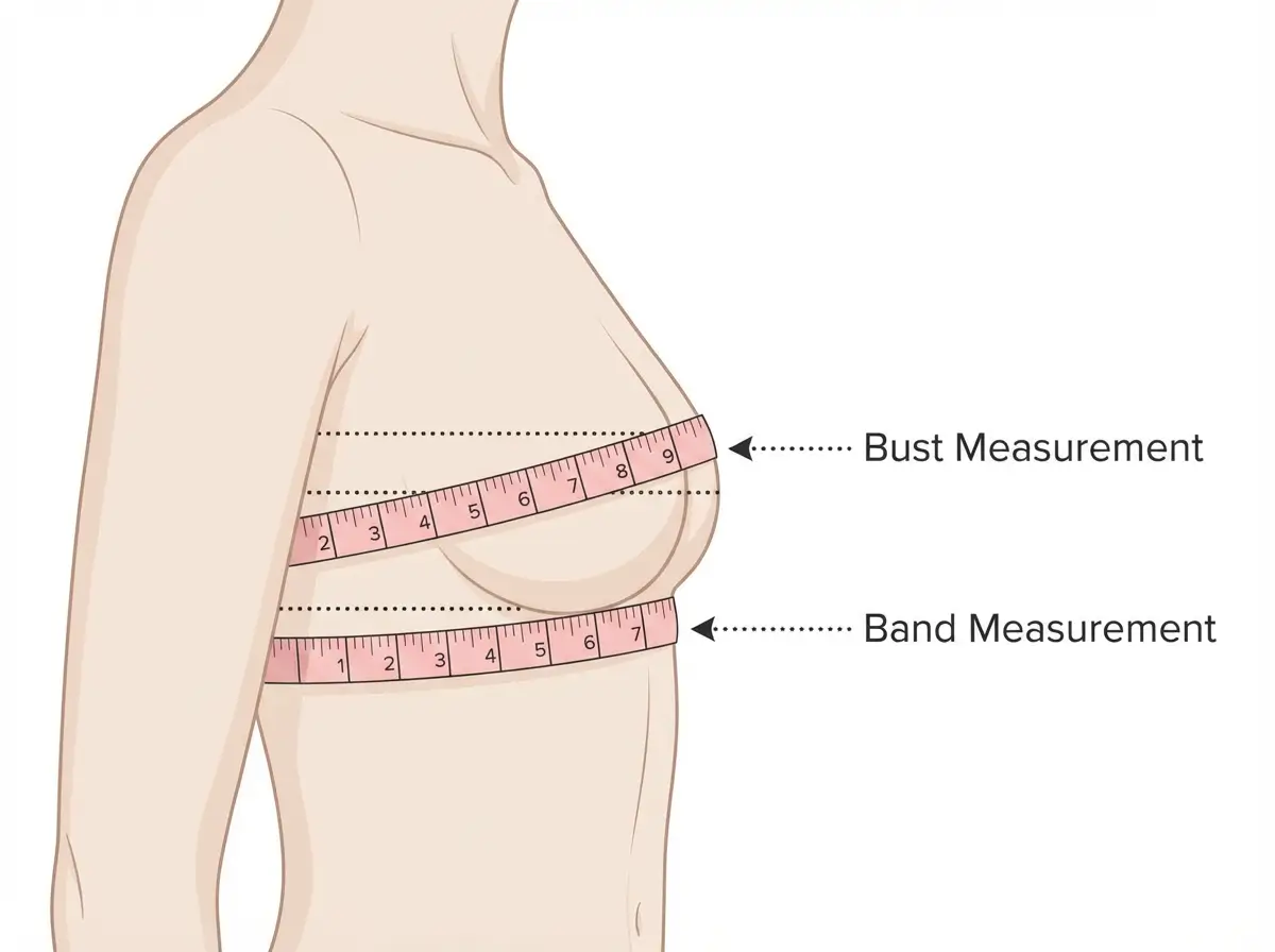 Diagram showing proper bra band and bust measurement technique with measuring tape