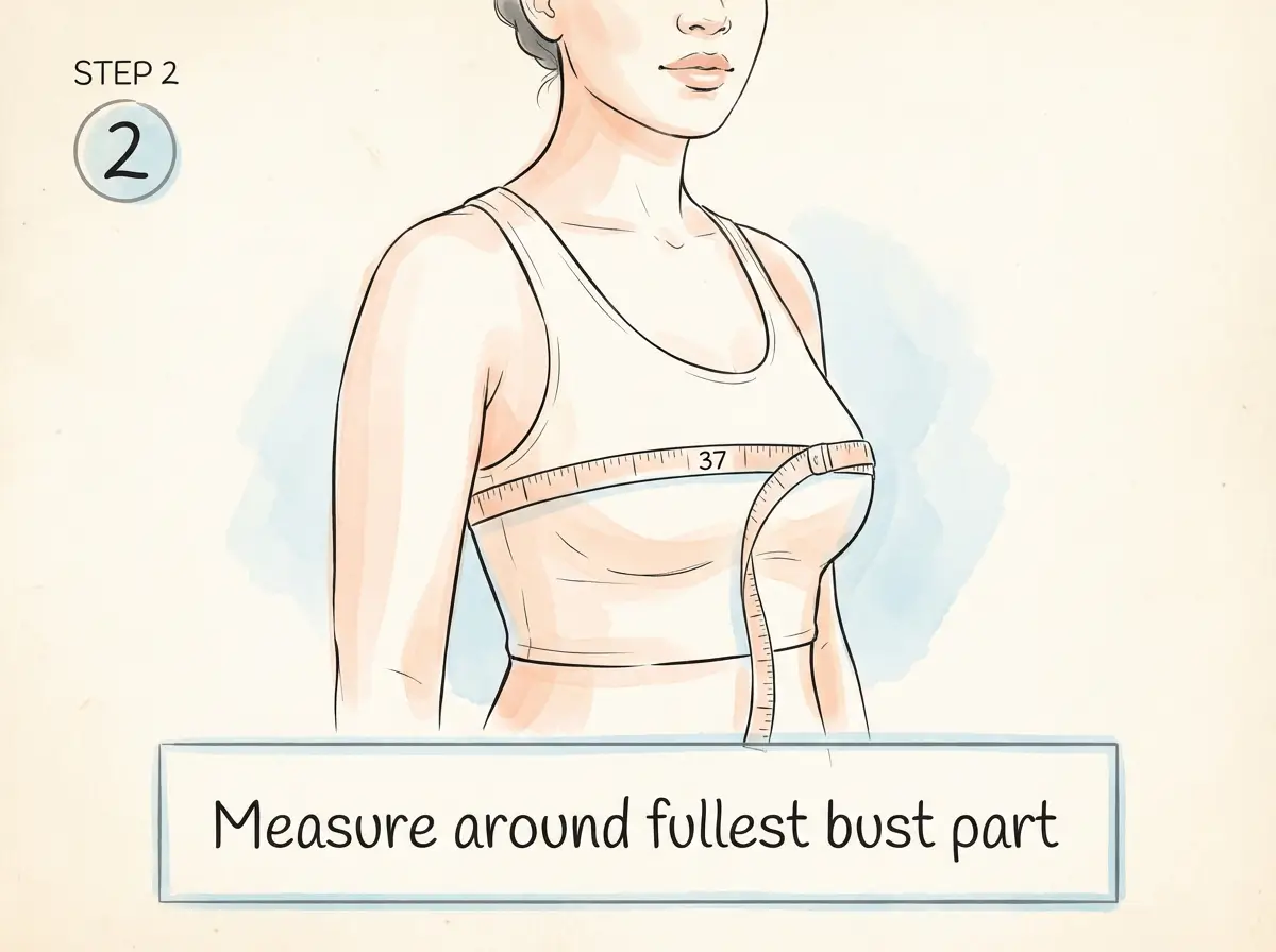 Step 2: Measuring bust size at fullest part for UK bra cup calculation - tape measure showing 37 inches