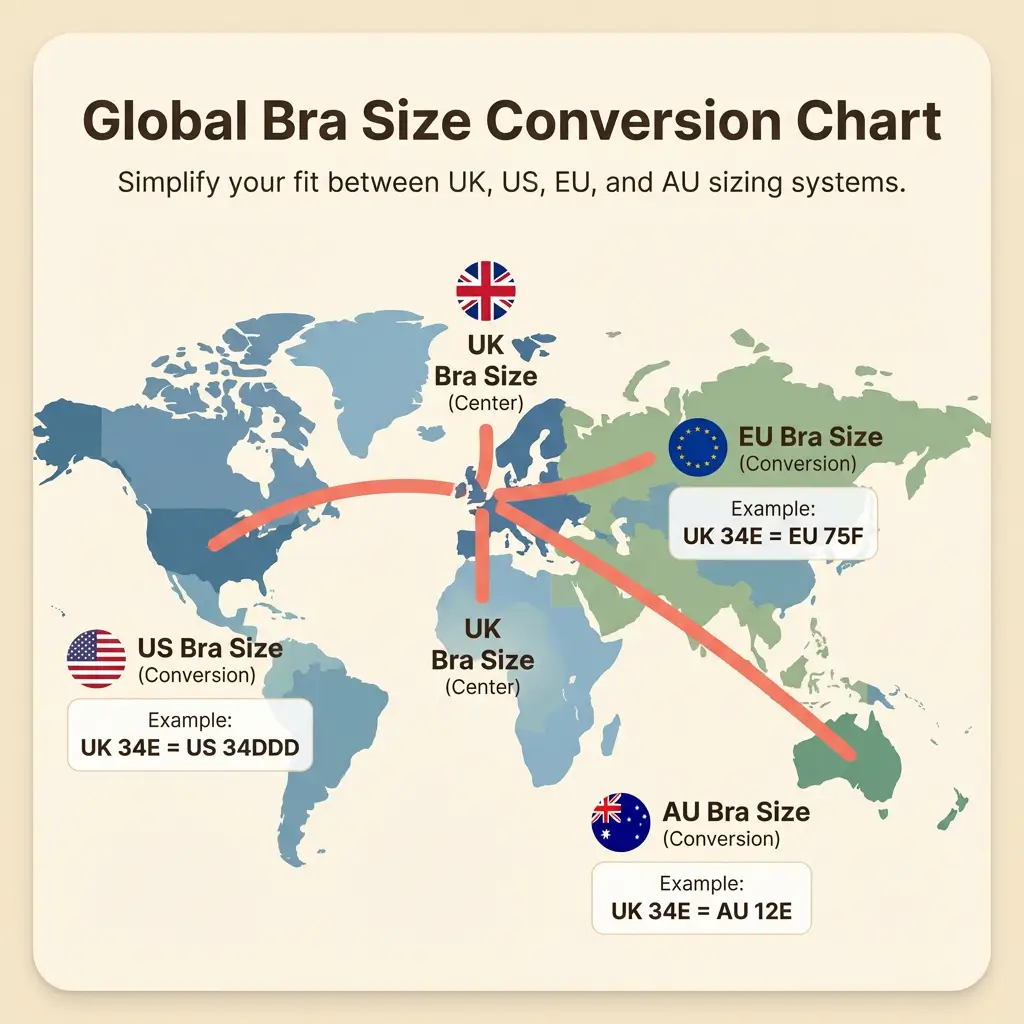 World map infographic showing bra size conversions between UK, US, EU and Australian sizing systems with example conversions