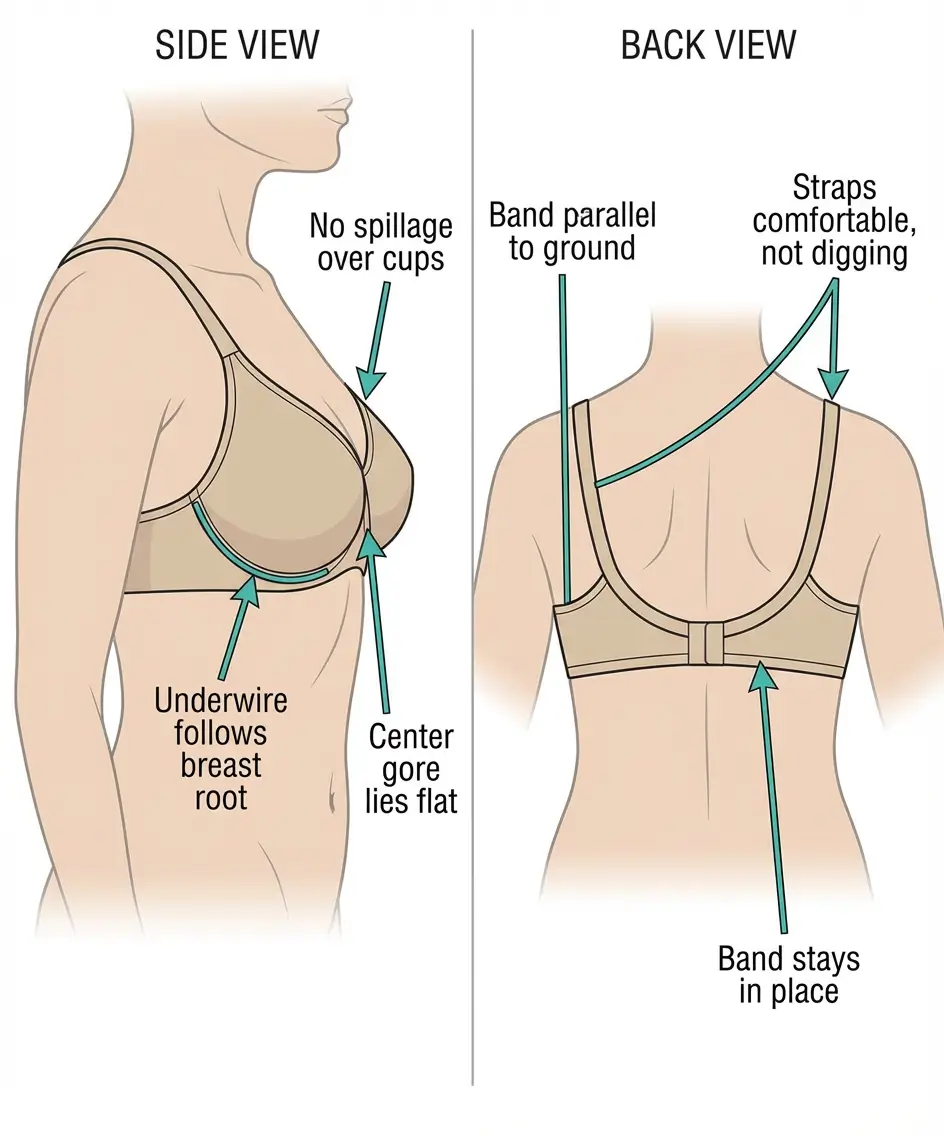 Diagram showing proper bra fit indicators including band position, gore placement, and cup fit
