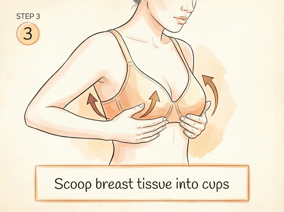 Step 3: Scoop and swoop technique for proper bra fitting - lifting breast tissue into cups