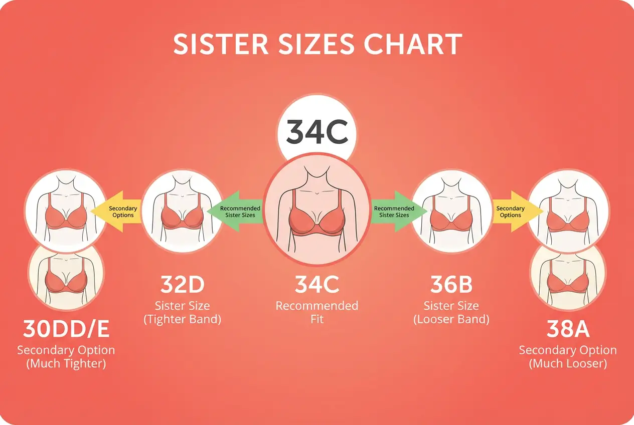 UK bra sister sizes chart showing 34C with sister sizes 32D, 36B, 30DD/E and 38A with volume comparisons