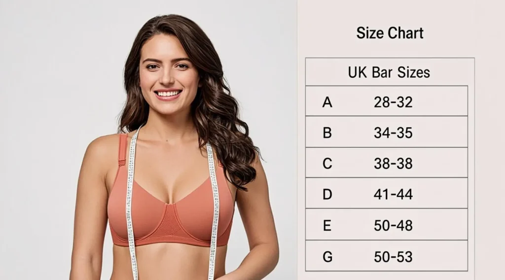 Diverse woman measuring bra size with tape measure next to UK bra size conversion chart infographic