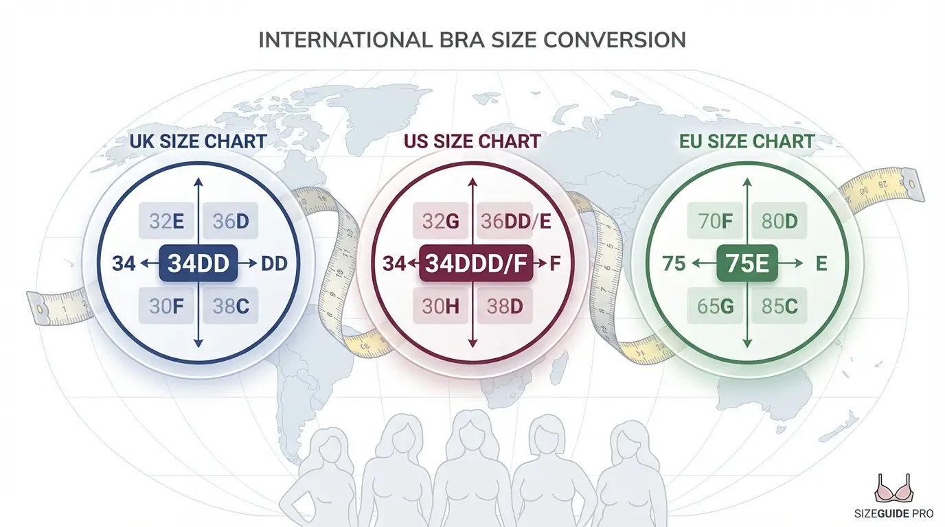 Visual comparison of UK 34DD, US 34DDD/F, and EU 75E bra sizes showing international conversion relationship