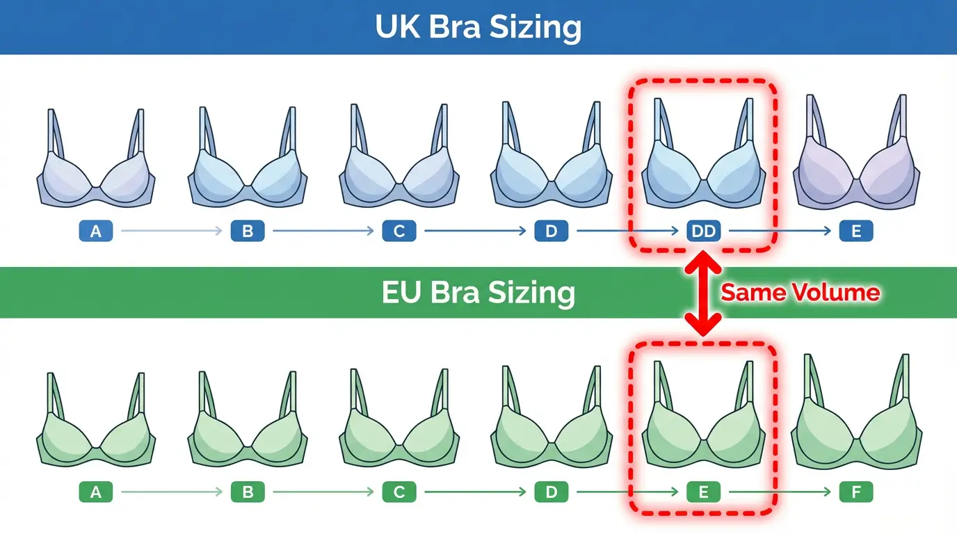 Diagram comparing UK and European cup size volume progressions.