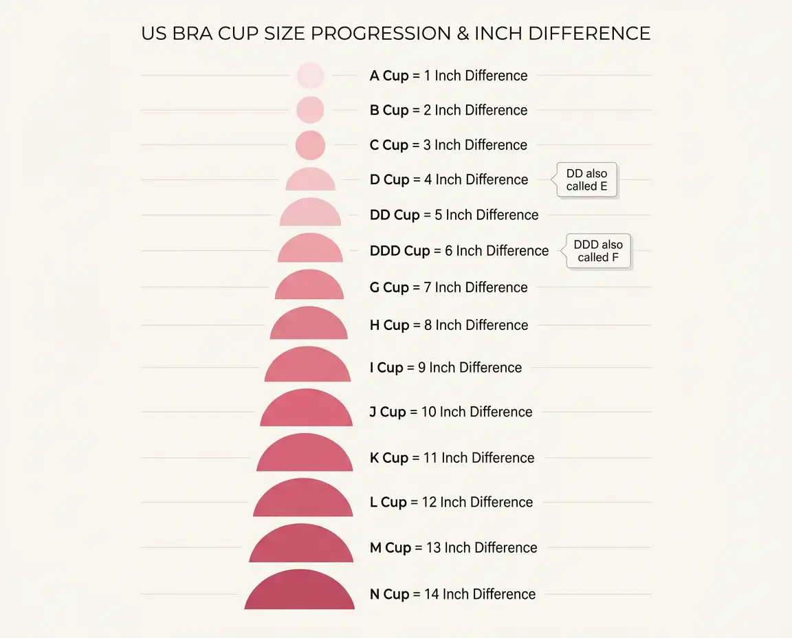 US bra sizing chart showing cup size progression from A to N with inch measurements