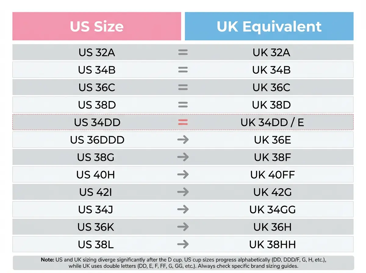 Side by side comparison chart converting US bra sizes to UK bra size equivalents