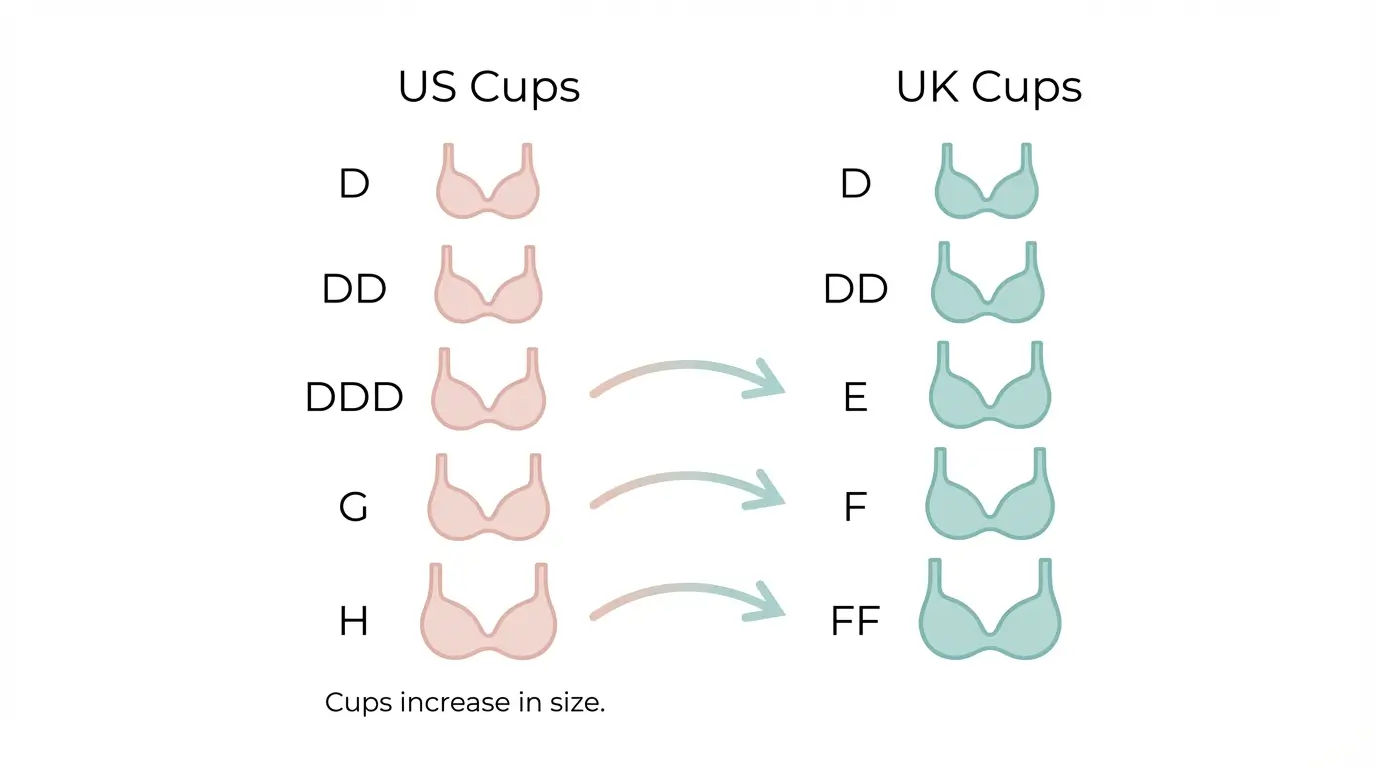 US vs UK bra cup size differences after DD: DDD equals UK E, G equals UK F conversion chart