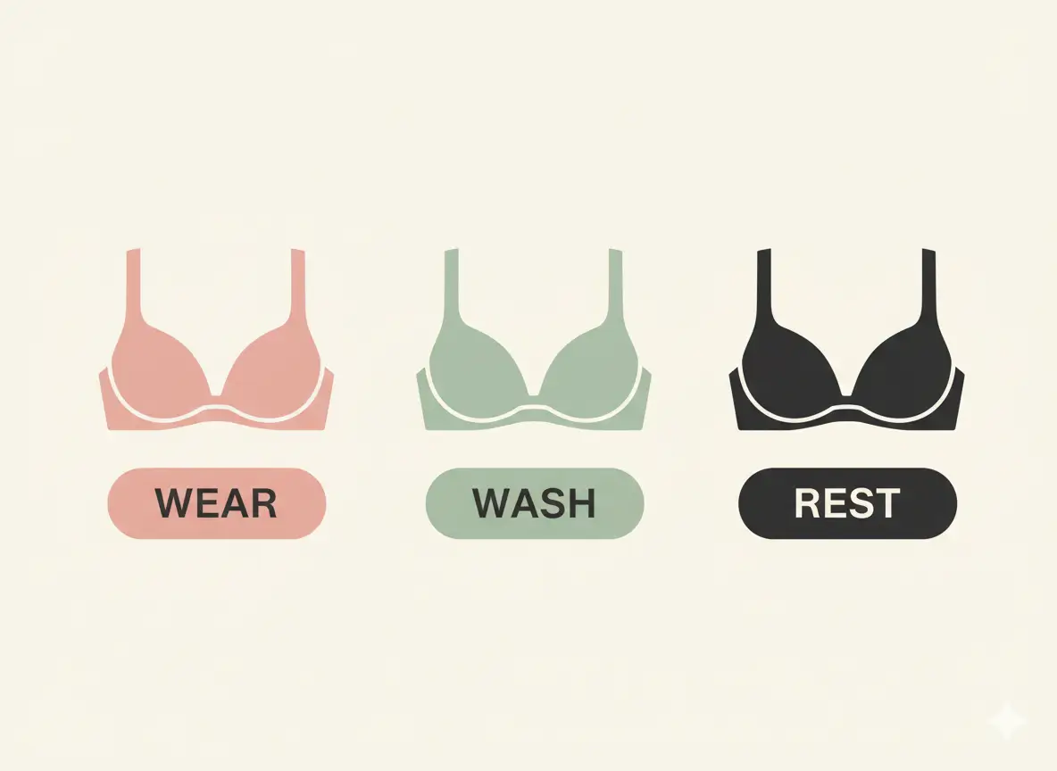 Illustration showing the 3 bra rule with three bras labeled wear, wash, and rest for bra rotation
