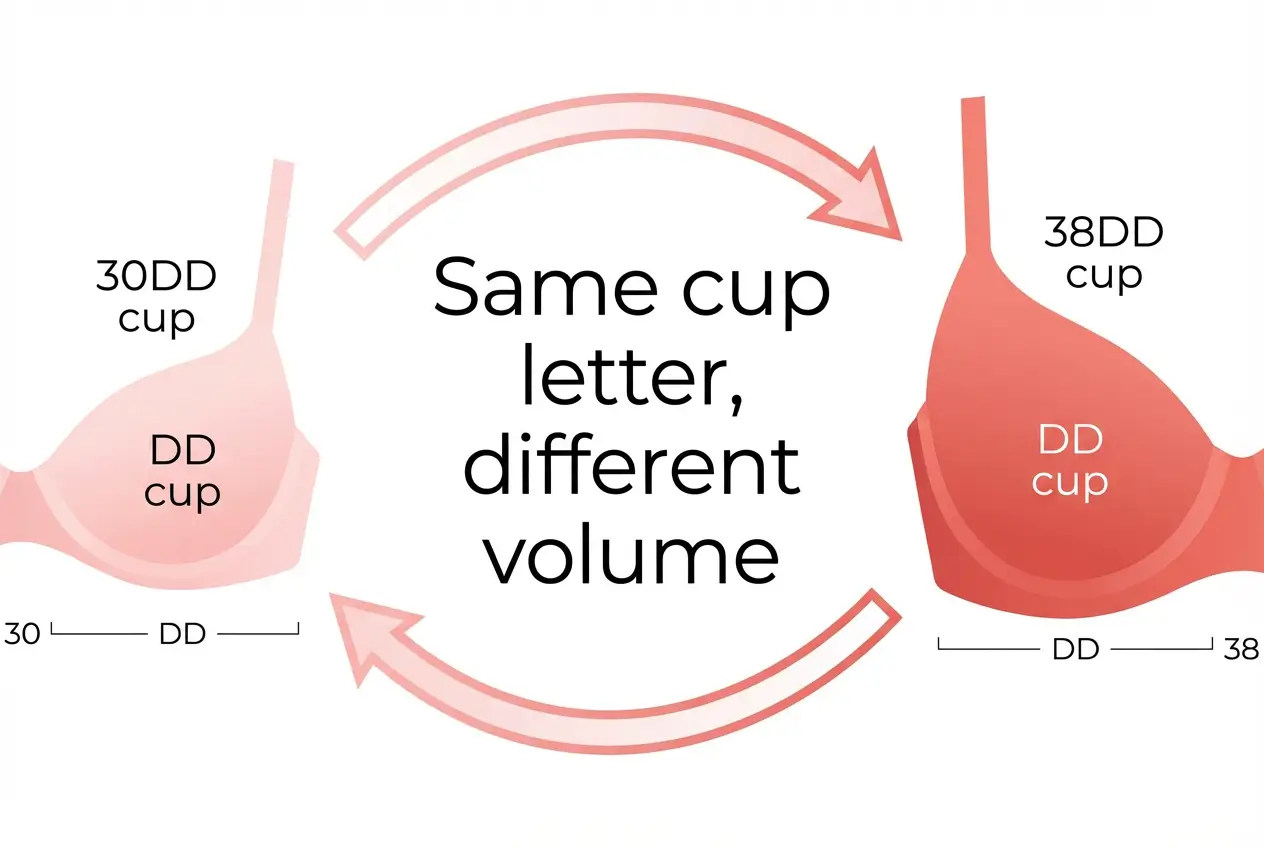 30DD vs 38DD comparison showing how same DD cup letter has different volume based on band size