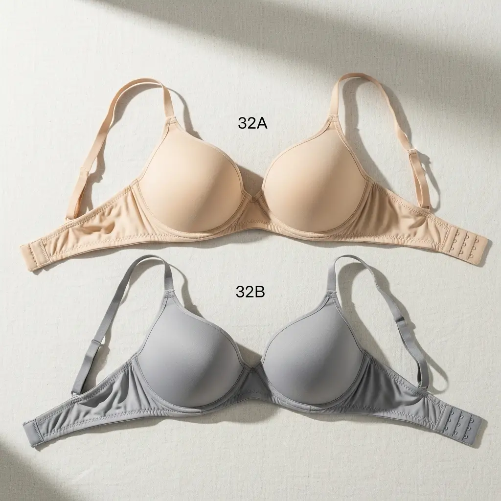 Flatlay comparison of 32A vs 32B bras showing the difference in cup size