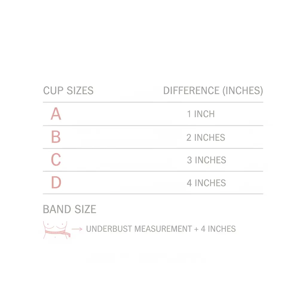 B cup size chart showing measurements in inches for A B C and D cups