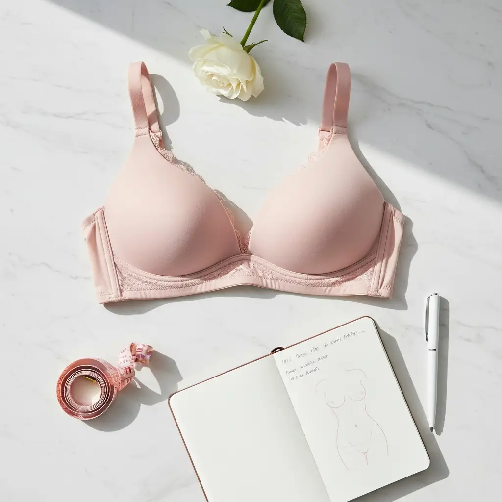 Bra sizing essentials including measuring tape and bra on white marble surface