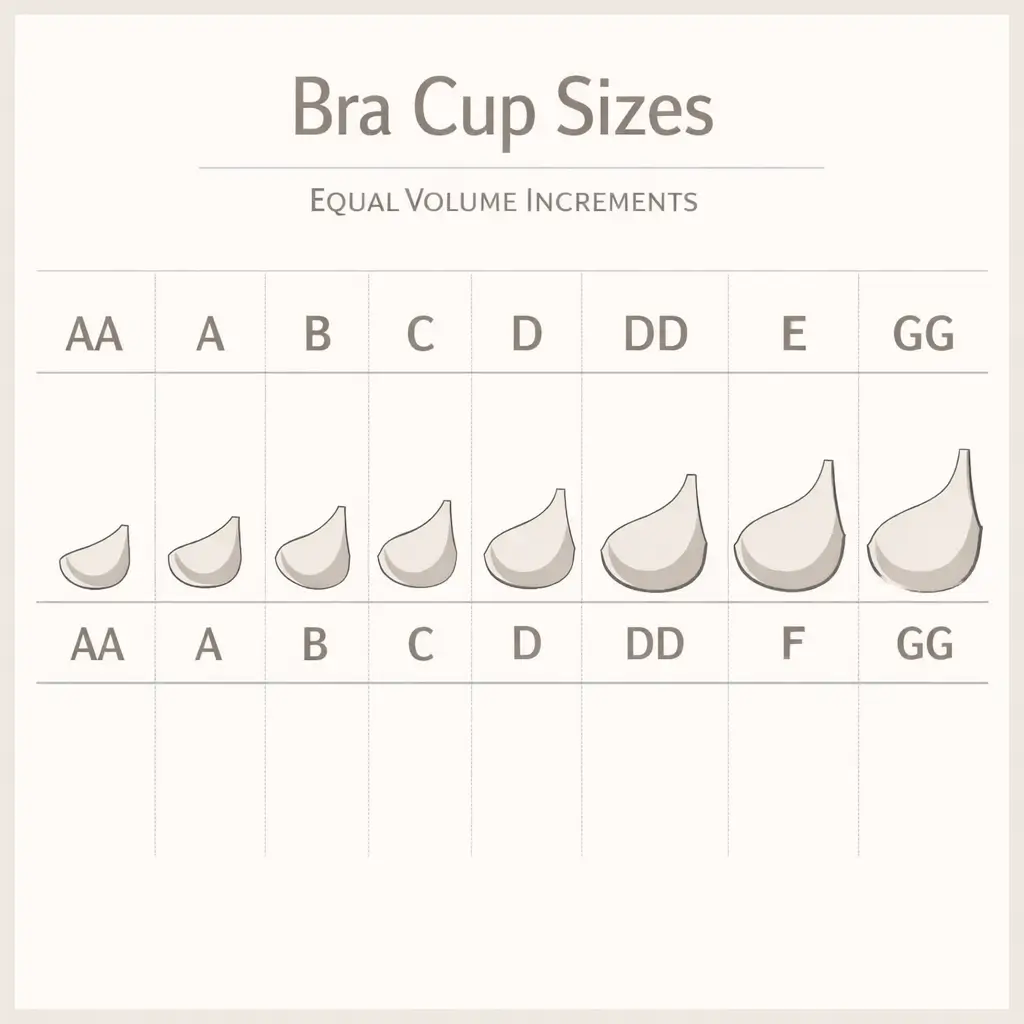 Bra cup letters from AA to GG showing equal volume progression