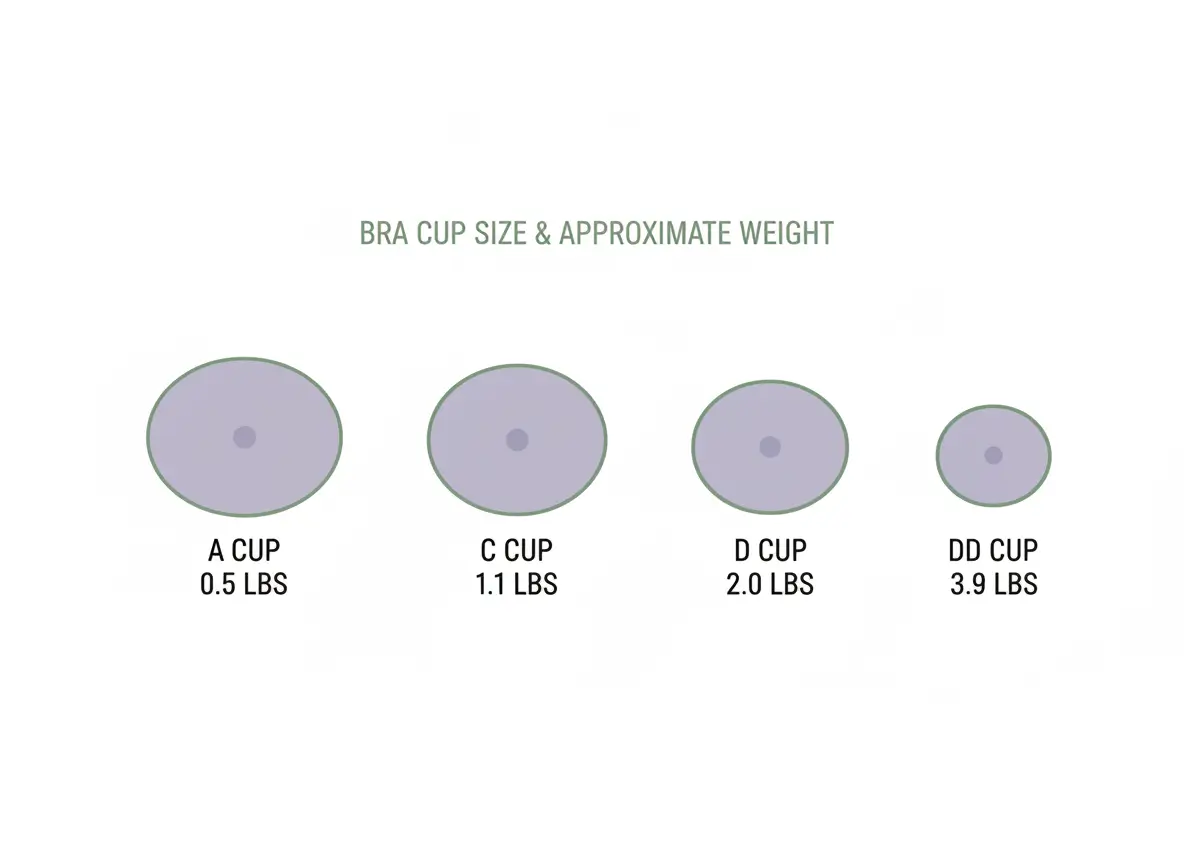 Infographic showing average breast weight by cup size from A cup to DD cup in pounds