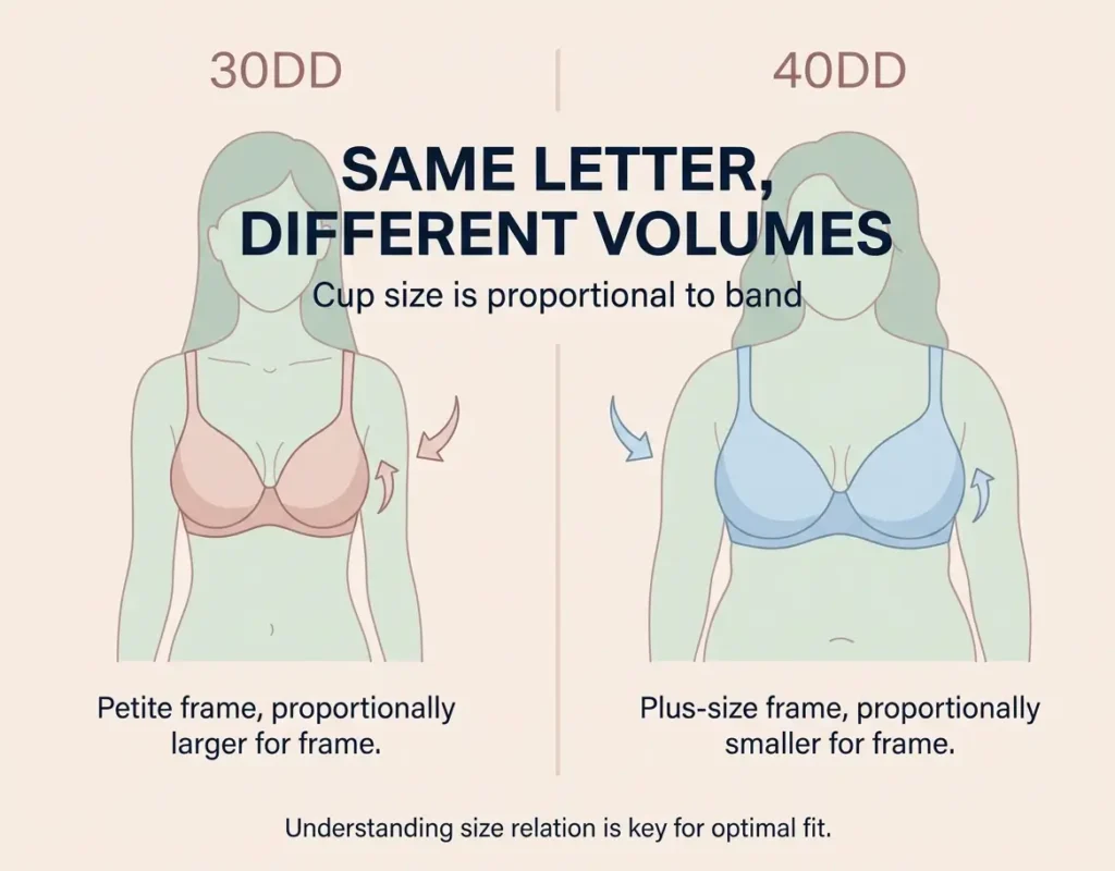 Comparison showing 30DD and 40DD bra sizes on different body types illustrating proportional sizing