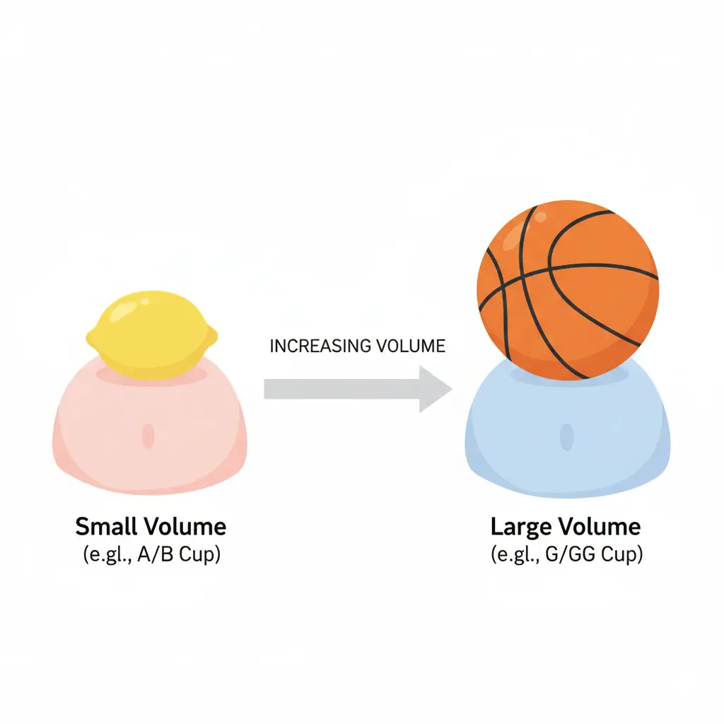 Visual comparison explaining bra cup volume using everyday objects