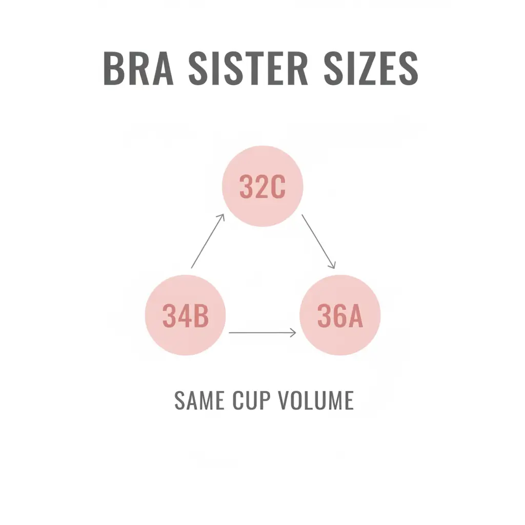Bra sister size chart showing 36B is the same cup volume as 34C