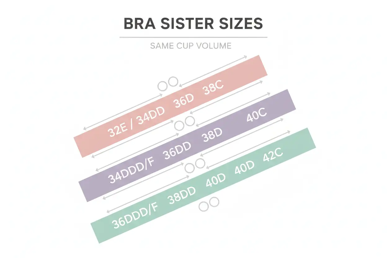 Bra sister sizes chart showing that 32E, 34DD, 36D, and 38C share the same cup volume