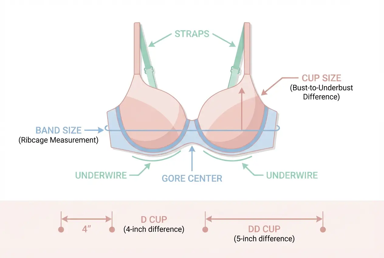 Bra sizing anatomy diagram showing band measurement, cup measurement, and bust-to-underbust difference for D and DD cups