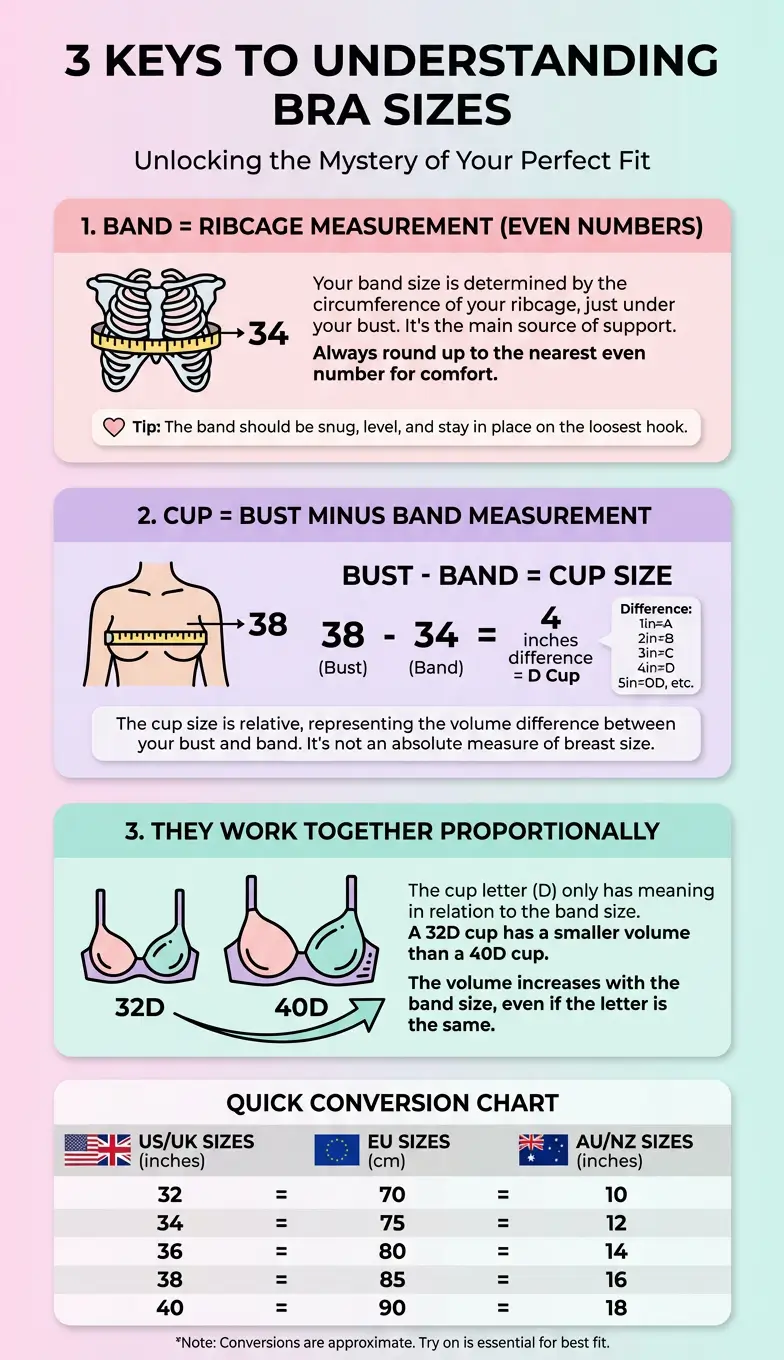 Infographic summarizing how bra sizes work including band and cup size calculations