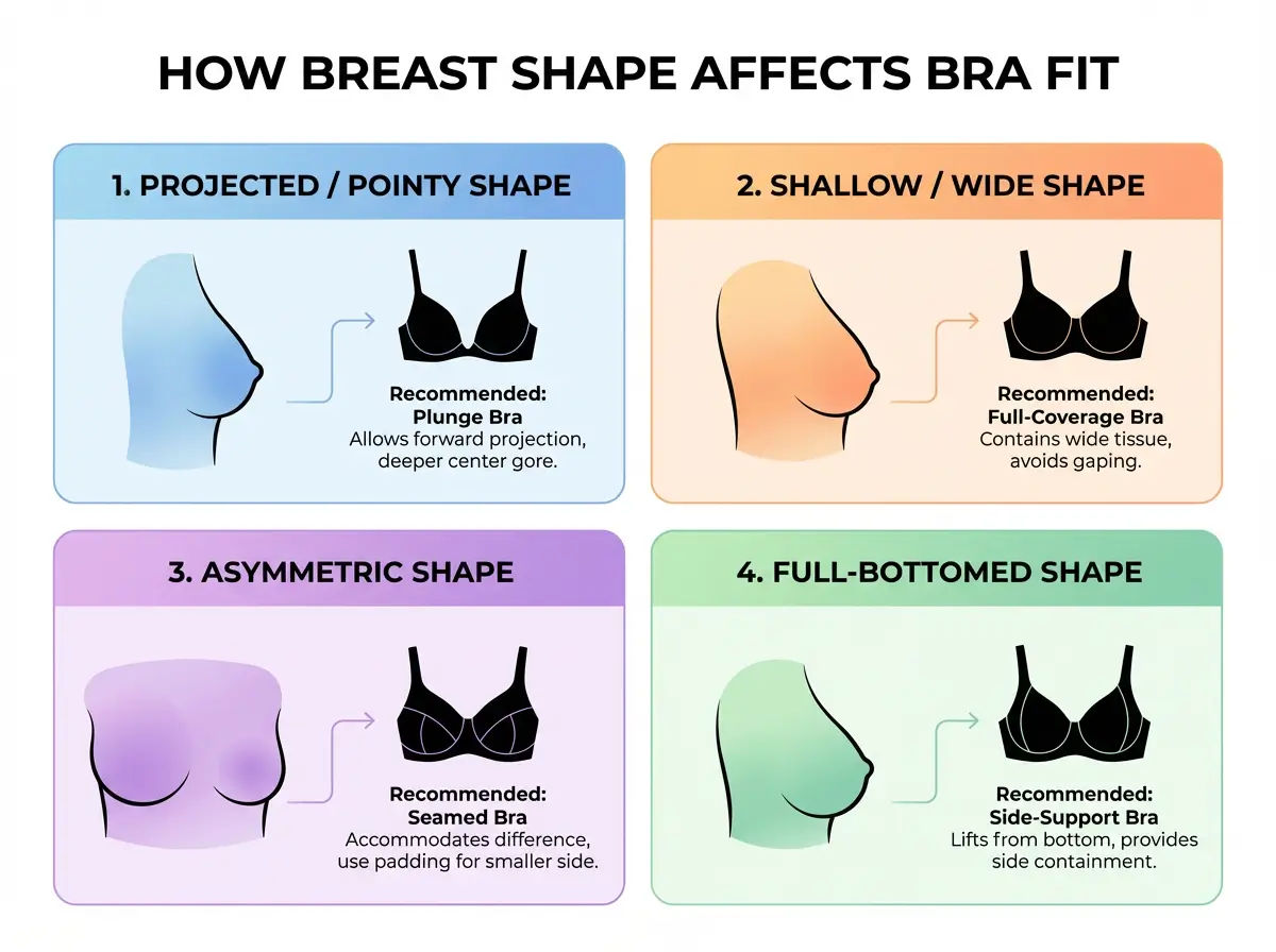 Breast shape types (projected, shallow, asymmetric, full) with recommended bra styles for each
