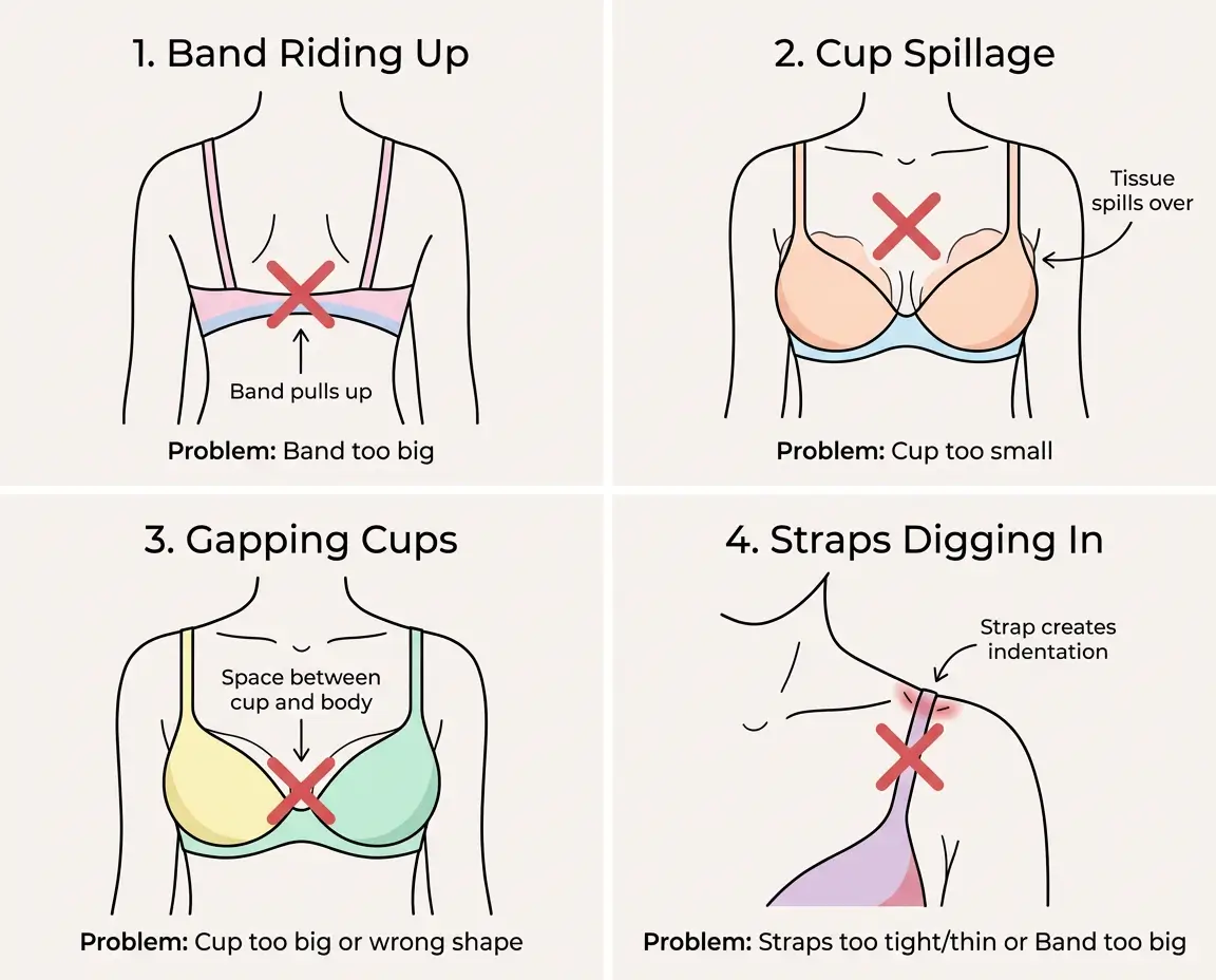 Illustrations showing common bra fitting problems including band riding up and cup spillage