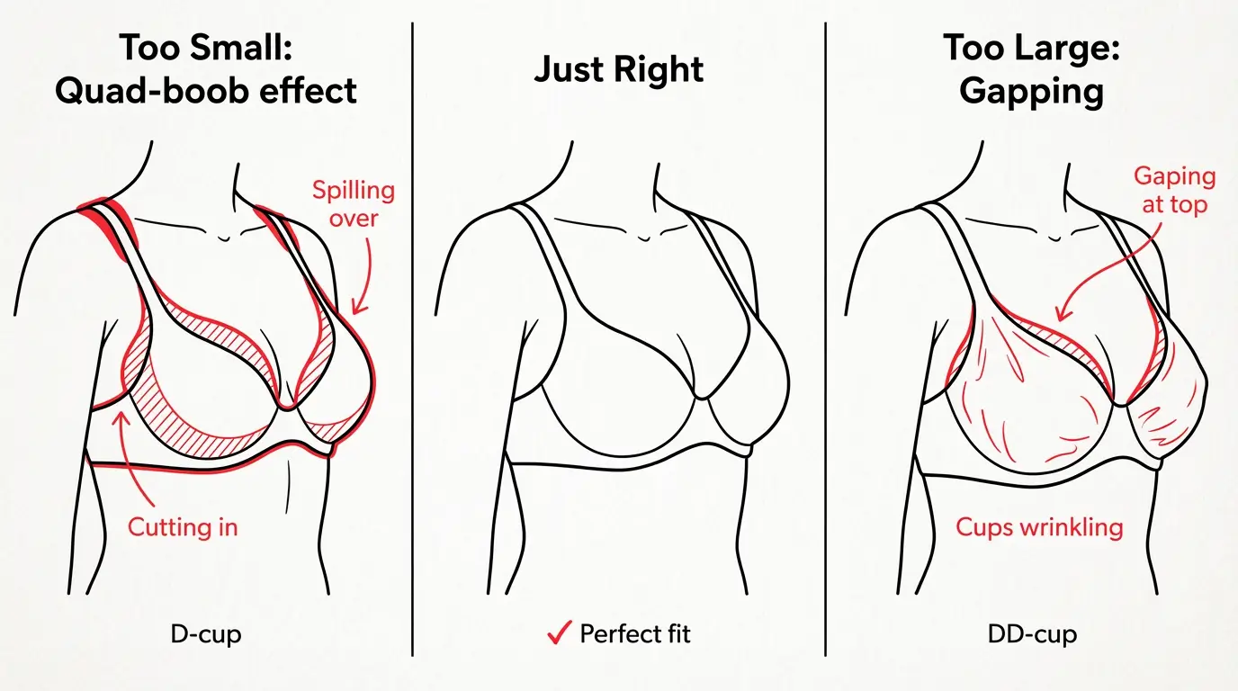 Visual guide showing D cup too small (spillage) vs DD cup too large (gapping) vs perfect fit