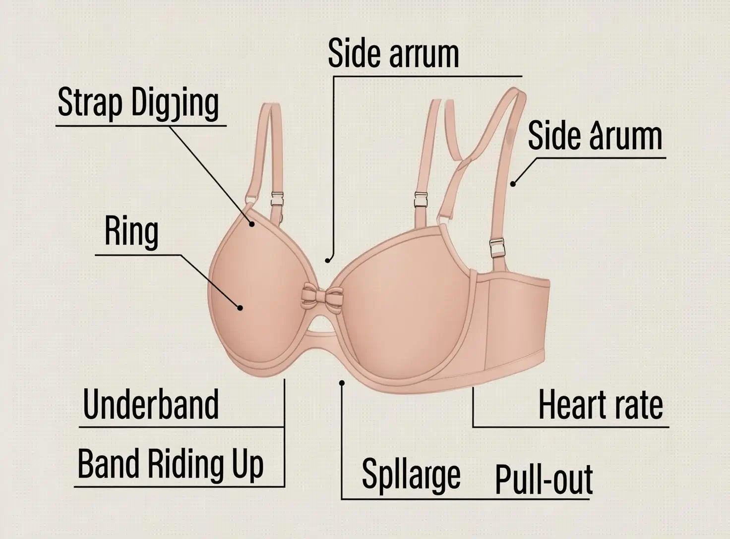 Diagram illustrating common DD bra fit problems including strap digging, band riding up, spillage, and underwire discomfort