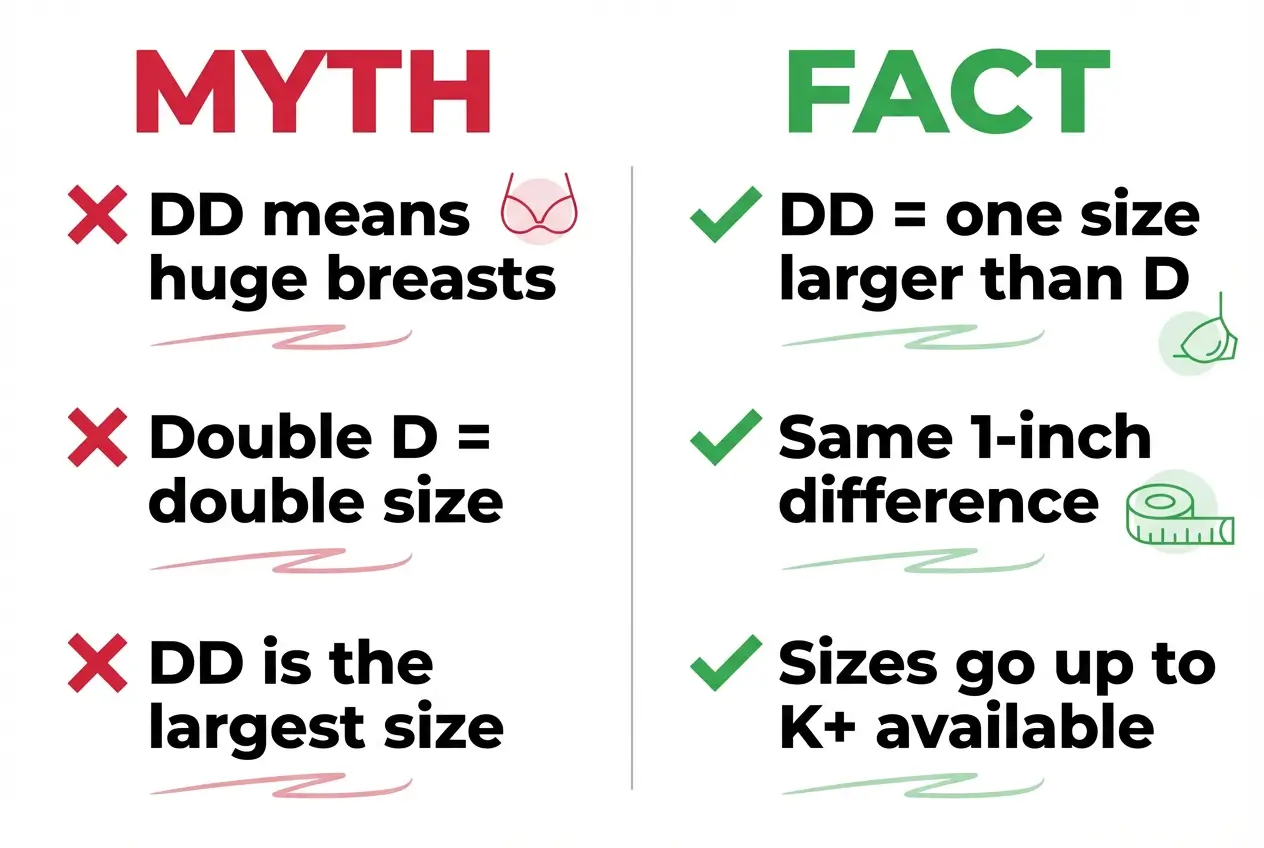 DD bra size myths vs facts: DD is not huge, not double size, sizes go beyond DD