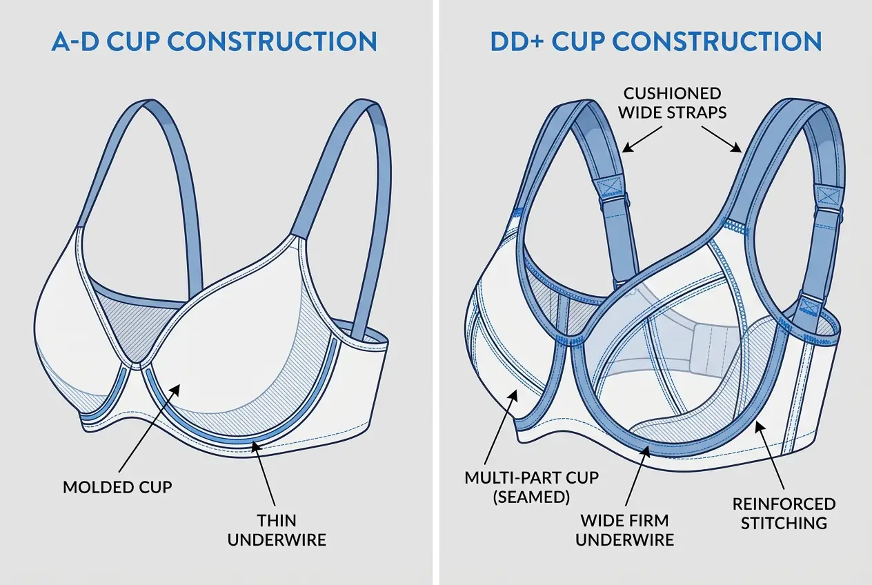 Technical illustration comparing DD+ bra construction (reinforced) vs A-D bra construction (basic)