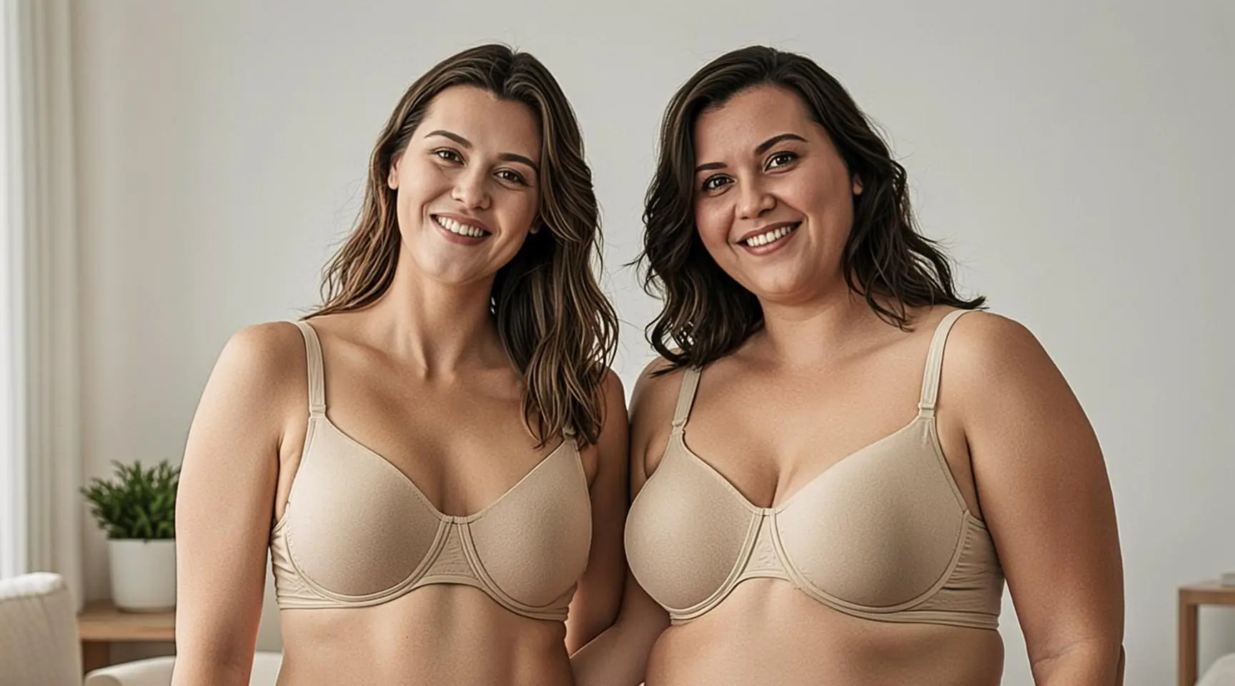 Two women comparing D cup vs DD cup bras in fitting room to show size difference