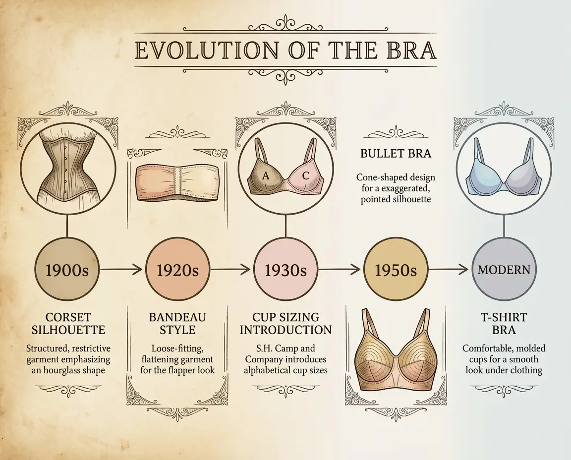 Timeline showing evolution of bra styles from corsets to modern bras with cup sizing system
