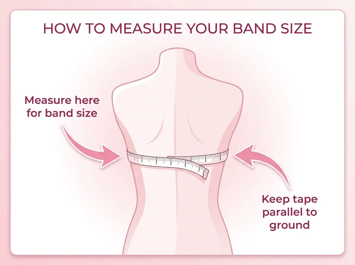Diagram showing correct placement of measuring tape under bust to measure bra band size