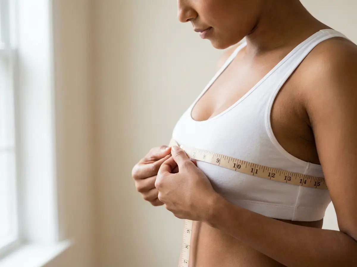 Woman measuring bust size with tape measure around fullest part of chest
